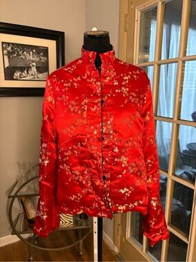 Red Floral Satin Mandarin Collar Jacket reversible to black velvet